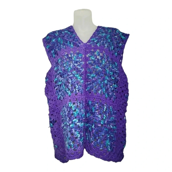 Vintage  Handcrafted Handmade Crochet Vest Purple and Turquoise Medium 70s Comfy - Picture 1 of 12